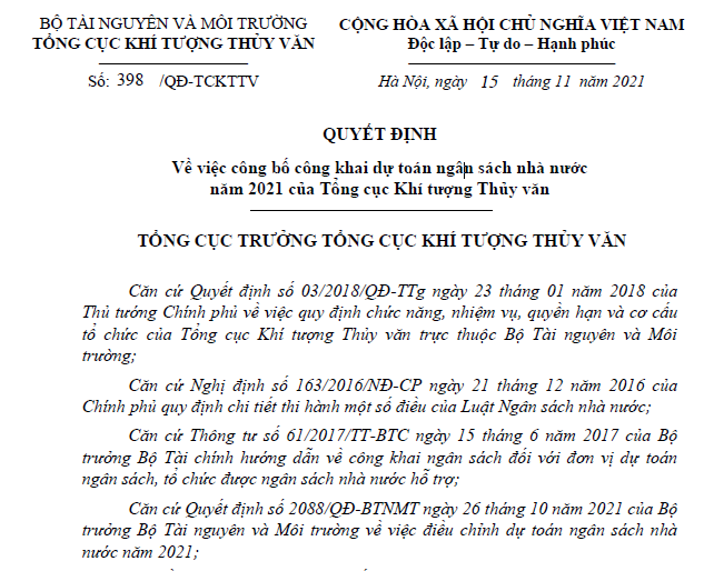 Quyết định về việc công bố công khai dự toán ngân sách nhà nước năm 2021 của Tổng cục Khí tượng Thủy văn